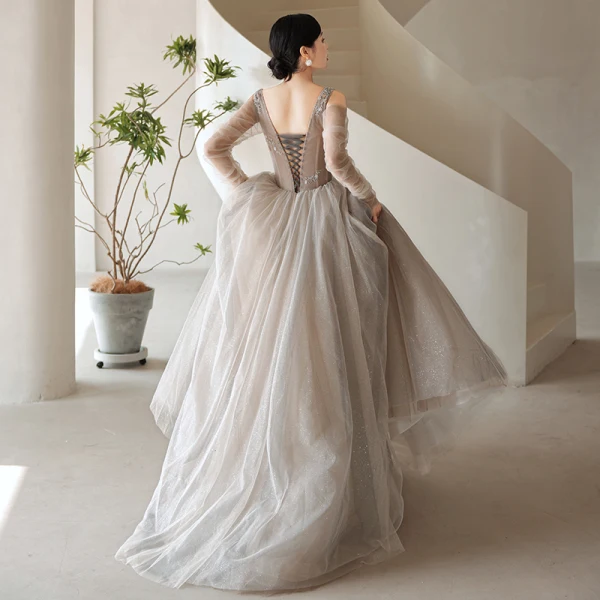 Fashion Grey Beading Prom Dresses 2021 A-Line / Princess Square Neckline Long Sleeve Bow Backless Floor-Length / Long Formal Dresses