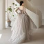 Fashion Grey Beading Prom Dresses 2021 A-Line / Princess Square Neckline Long Sleeve Bow Backless Floor-Length / Long Formal Dresses