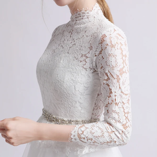 Vintage / Retro Ivory Beach Wedding Dresses 2019 A-Line / Princess High Neck Lace Bow 3/4 Sleeve Sweep Train