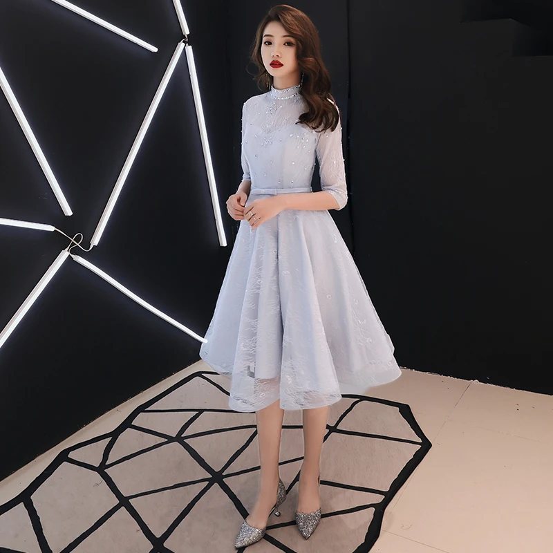 fitted lace wedding dress Elegant Long Sleeves Tulle Tea Length Puffy Green Prom Dress, Green Bridesmaid Dresses Custom Size / Green main image 0