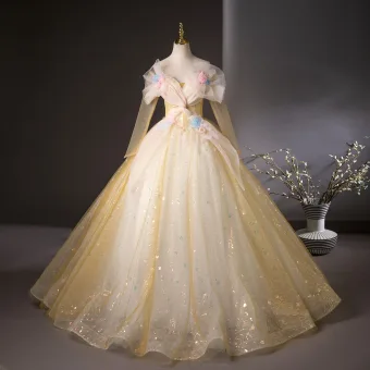 Chic Beautiful Yellow Appliques Sequins Prom Dresses 2025 Ball Gown Off The Shoulder Long Sleeve Backless Floor Length Long Prom Formal Dresses