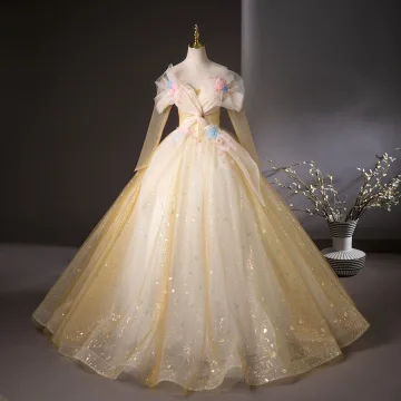Chic Belle Jaune Appliques Paillettes Robe De Bal 2025 Robe Boule De L Épaule Manches Longues Dos Nu Longue Promo Robe De Ceremonie