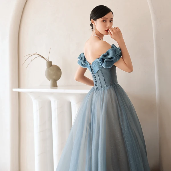 Sexy Pool Blue Prom Dresses 2021 A-Line / Princess Ruffle Off-The-Shoulder Rhinestone Short Sleeve Backless Floor-Length / Long Formal Dresses