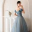 Sexy Pool Blue Prom Dresses 2021 A-Line / Princess Ruffle Off-The-Shoulder Rhinestone Short Sleeve Backless Floor-Length / Long Formal Dresses