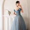 Sexy Bleu Robe De Bal 2021 Princesse Volants De l'épaule Faux Diamant Manches Courtes Dos Nu Longue Robe De Ceremonie