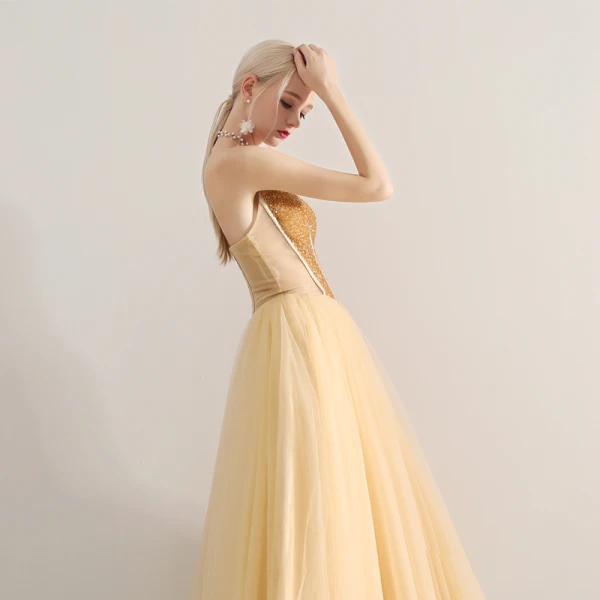 Sexy Gold Prom Dresses 2019 A-Line / Princess Strapless Beading Crystal Sleeveless Backless Floor-Length / Long Formal Dresses