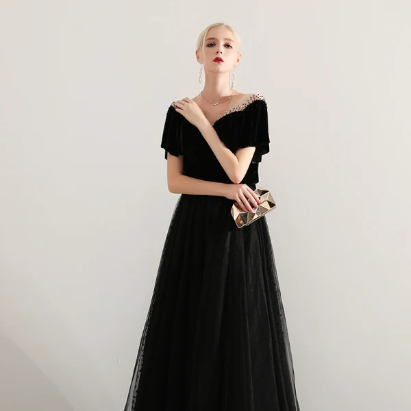 Elegant Black Prom Dresses 2019 A-Line / Princess V-Neck Suede Beading Short Sleeve Backless Floor-Length / Long Formal Dresses