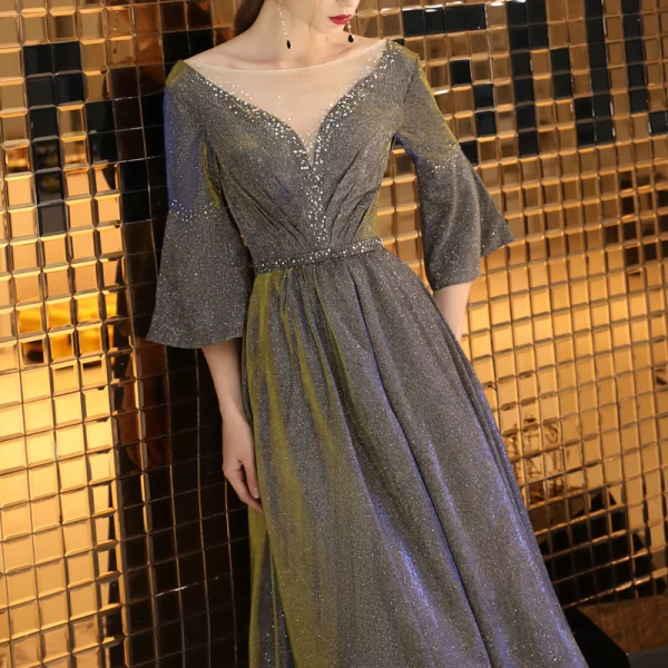 Elegant Grey Evening Dresses  2019 A-Line / Princess Scoop Neck Sequins 3/4 Sleeve Backless Floor-Length / Long Formal Dresses