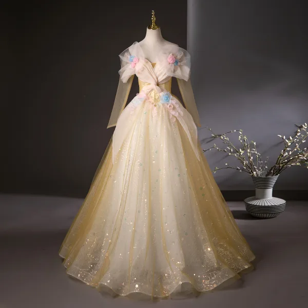 Chic / Beautiful Yellow Appliques Sequins Prom Dresses 2025 Ball Gown Off-The-Shoulder Long Sleeve Backless Floor-Length / Long Prom Formal Dresses