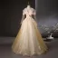 Chic / Beautiful Yellow Appliques Sequins Prom Dresses 2025 Ball Gown Off-The-Shoulder Long Sleeve Backless Floor-Length / Long Prom Formal Dresses