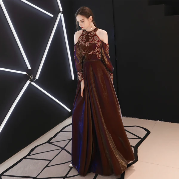 Chic / Belle Bordeaux Robe De Soirée Princesse Bustier En Dentelle Fleur Gonflée Manches Longues Dos Nu Longue Robe De Ceremonie