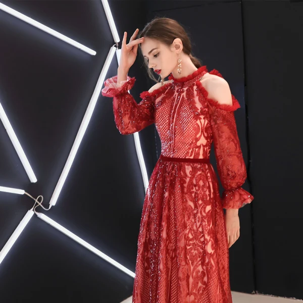 Chic / Belle Bordeaux Robe De Soirée 2019 Princesse Bustier Dentelle Paillettes Gonflée Manches Longues Dos Nu Longue Robe De Ceremonie