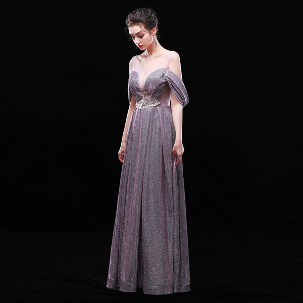 Charming Silver Evening Dresses  2019 A-Line / Princess V-Neck Glitter Polyester Lace Flower Sleeveless Backless Floor-Length / Long Formal Dresses