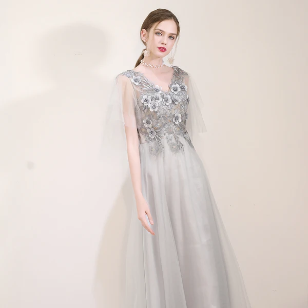 Elegant Grey Evening Dresses  2019 A-Line / Princess V-Neck Appliques Lace Flower Pearl Rhinestone Short Sleeve Backless Floor-Length / Long Formal Dresses
