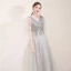 Elegant Grey Evening Dresses  2019 A-Line / Princess V-Neck Appliques Lace Flower Pearl Rhinestone Short Sleeve Backless Floor-Length / Long Formal Dresses