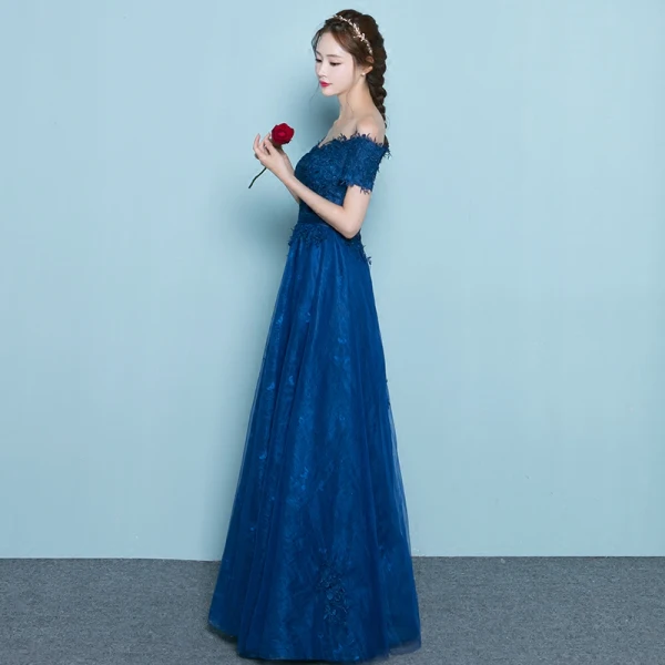Chic / Beautiful Navy Blue Evening Dresses 2019 A-Line / Princess Off-The-Shoulder Lace Flower Short Sleeve Backless Floor-Length / Long Formal Dresses