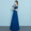 Chic / Beautiful Navy Blue Evening Dresses  2019 A-Line / Princess Off-The-Shoulder Lace Flower Short Sleeve Backless Floor-Length / Long Formal Dresses