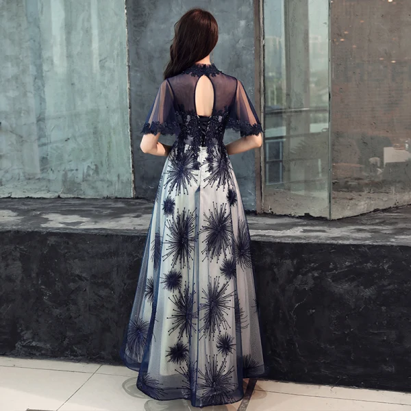 Elegant Navy Blue Evening Dresses  2019 A-Line / Princess Scoop Neck Beading Lace Flower Short Sleeve Backless Floor-Length / Long Formal Dresses