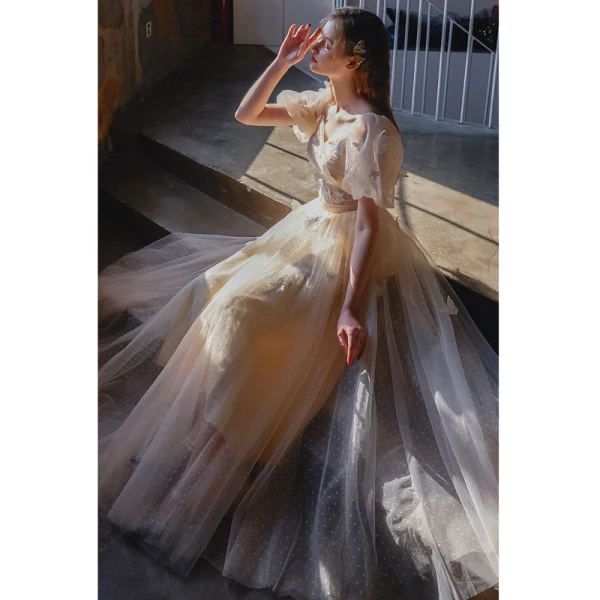 Charming Champagne Butterfly Prom Dresses 2021 A-Line / Princess Square Neckline Short Sleeve Backless Floor-Length / Long Formal Dresses