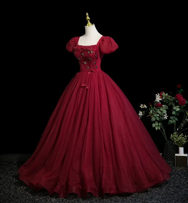 Chic / Beautiful Burgundy Appliques Prom Dresses 2025 Ball Gown Square Neckline Puffy Short Sleeve Backless Floor-Length / Long Formal Dresses
