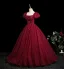 Chic / Beautiful Burgundy Appliques Prom Dresses 2025 Ball Gown Square Neckline Puffy Short Sleeve Backless Floor-Length / Long Formal Dresses