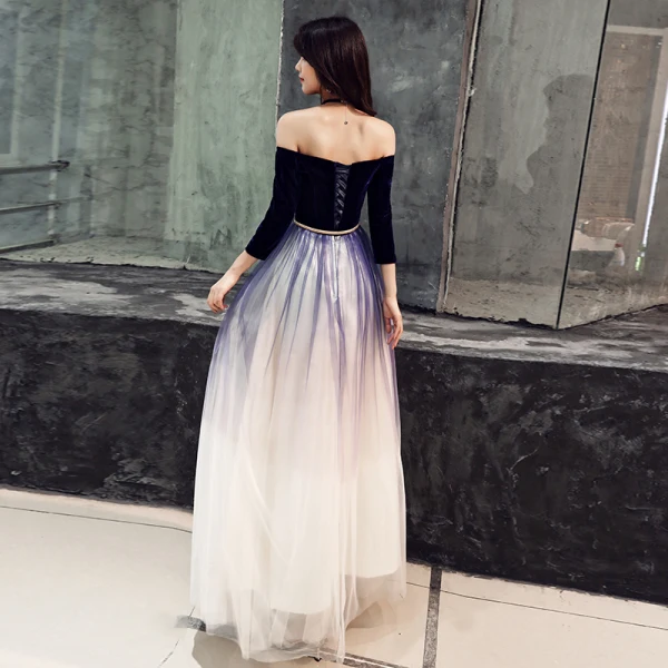 Elegant Gradient-Color Navy Blue Evening Dresses 2019 A-Line / Princess Suede Off-The-Shoulder Metal Sash 3/4 Sleeve Backless Floor-Length / Long Formal Dresses