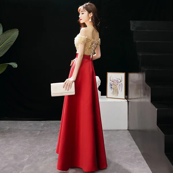 Charming Gold Evening Dresses A-Line / Princess 2019 Off-The-Shoulder Sequins Tassel Short Sleeve Backless Floor-Length / Long Formal Dresses