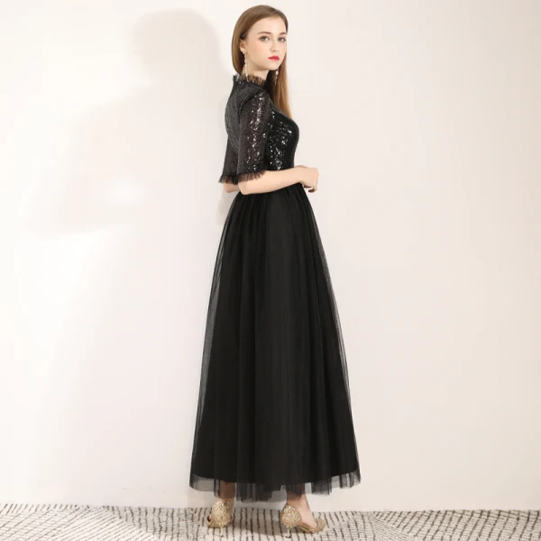 Chic / Belle Noire de retour Robe De Graduation 2019 Princesse Col Haut Paillettes 1/2 Manches Longueur Cheville Robe De Ceremonie