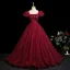 Chic / Beautiful Burgundy Appliques Prom Dresses 2025 Ball Gown Square Neckline Puffy Short Sleeve Backless Floor-Length / Long Formal Dresses