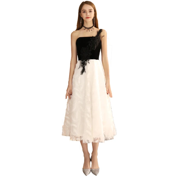 Chic / Belle Noire Robe De Soirée 2019 Princesse Une épaule En Dentelle Daim Sans Manches Dos Nu Thé Longueur Robe De Ceremonie