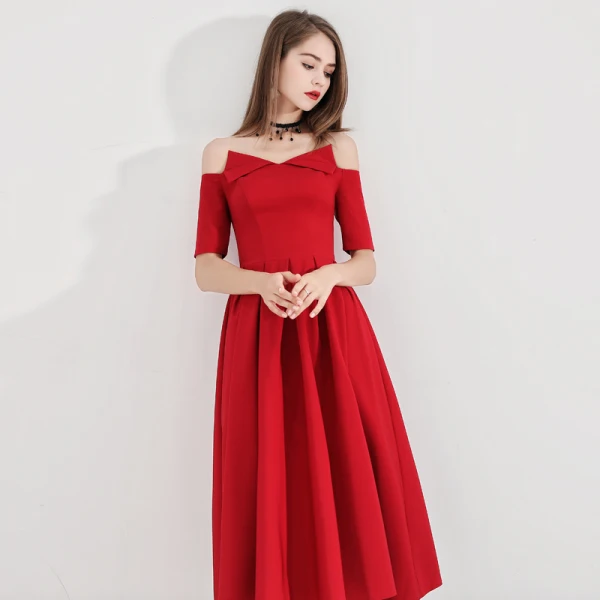 Chic / Beautiful Champagne Homecoming Graduation Dresses 2019 A-Line / Princess Off-The-Shoulder Short Sleeve Backless Tea-length Formal Dresses