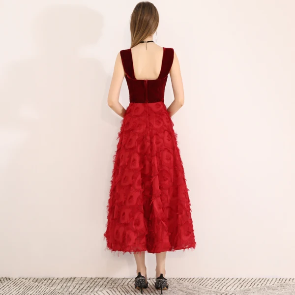 Chic / Beautiful Burgundy Evening Dresses 2019 A-Line / Princess Shoulders Suede Tassel Sleeveless Tea-length Formal Dresses