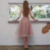 Chic / Beautiful Blushing Pink Homecoming Graduation Dresses 2021 A-Line / Princess Scoop Neck Beading Sequins Short Sleeve Tea-length Formal Dresses