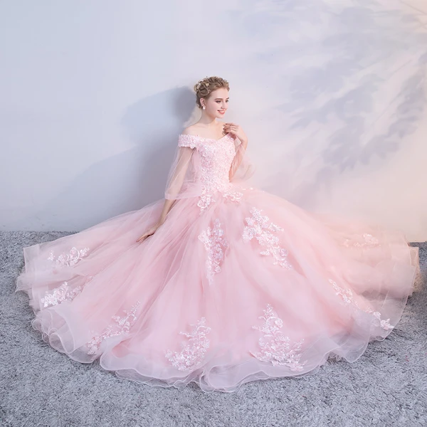 Chic / Belle Rose Bonbon Gonflée Robe De Bal 2018 Robe Boule En Dentelle Appliques Paillettes De l'épaule Dos Nu 1/2 Manches Longue Robe De Ceremonie