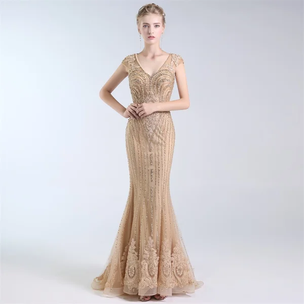 Luxury / Gorgeous Gold Handmade Beading Evening Dresses 2019 Trumpet / Mermaid V-Neck Crystal Lace Flower Sequins Sleeveless Floor-Length / Long Formal Dresses