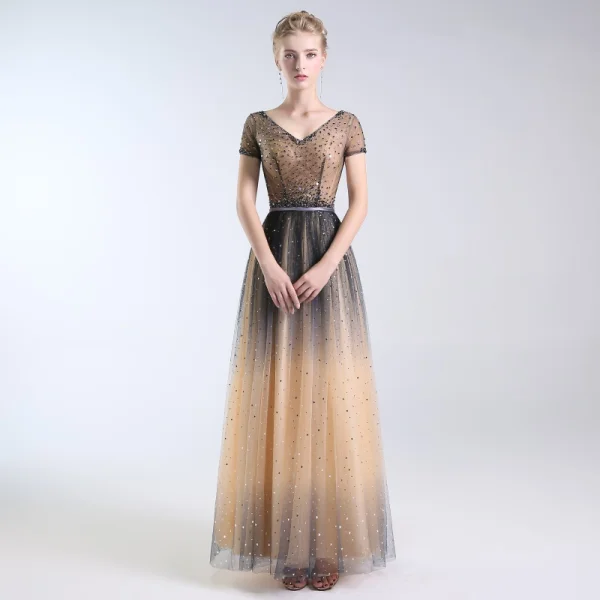 Luxury / Gorgeous Champagne Handmade Beading Prom Dresses 2019 A-Line / Princess V-Neck Sequins Star Crystal Short Sleeve Backless Floor-Length / Long Formal Dresses