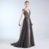 Luxury / Gorgeous Grey Handmade  Beading Evening Dresses  2019 A-Line / Princess V-Neck Crystal Rhinestone Sequins Sleeveless Backless Floor-Length / Long Formal Dresses