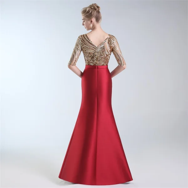 Luxury / Gorgeous Burgundy Evening Dresses 2019 Trumpet / Mermaid V-Neck Lace Sequins 1/2 Sleeves Backless Floor-Length / Long Formal Dresses