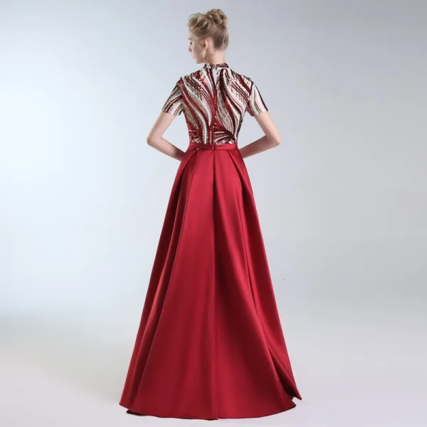 Luxury / Gorgeous Burgundy Evening Dresses  2019 A-Line / Princess High Neck Lace Sequins Short Sleeve Floor-Length / Long Formal Dresses
