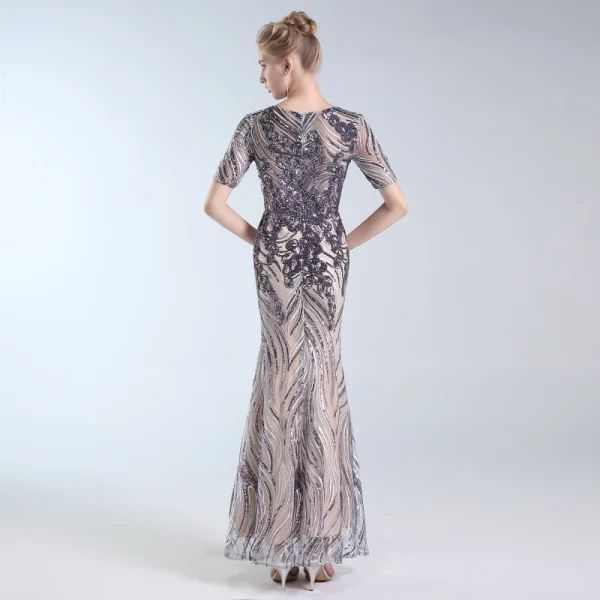 Charming Grey Evening Dresses  2019 A-Line / Princess Scoop Neck Lace Sequins Short Sleeve Floor-Length / Long Formal Dresses