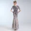 Charming Grey Evening Dresses  2019 A-Line / Princess Scoop Neck Lace Sequins Short Sleeve Floor-Length / Long Formal Dresses