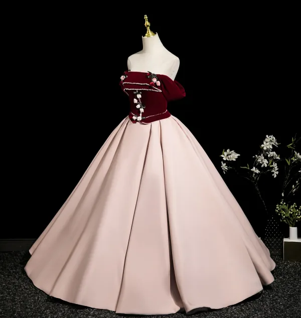 Elegant Burgundy Appliques Prom Dresses 2025 Ball Gown Off-The-Shoulder Sleeveless Backless Floor-Length / Long Prom Formal Dresses