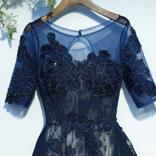 Chic / Belle Bleu Marine Robe De Ceremonie Robe De Graduation 2017 En Dentelle Paillettes Fleur Dos Nu 1/2 Manches Courte Princesse Encolure Dégagée