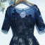 Chic / Belle Bleu Marine Robe De Ceremonie Robe De Graduation 2017 En Dentelle Paillettes Fleur Dos Nu 1/2 Manches Courte Princesse Encolure Dégagée