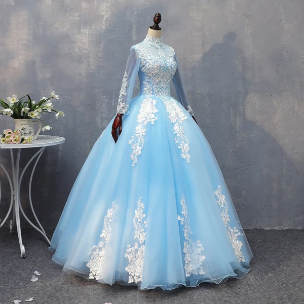 Chic / Beautiful Pool Blue Quinceañera Prom Dresses 2018 Ball Gown Lace Appliques Beading High Neck Backless Long Sleeve Floor-Length / Long Formal Dresses