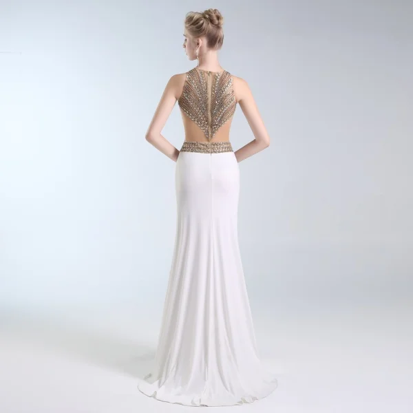 Luxury / Gorgeous Ivory Handmade  Beading Evening Dresses  2019 Trumpet / Mermaid Scoop Neck Crystal Rhinestone Sleeveless Split Front Sweep Train Formal Dresses