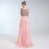 Luxe Rougissant Rose Fait main Perlage Robe De Soirée 2019 Princesse V-Cou Appliques Cristal Paillettes Noeud 1/2 Manches Longue Robe De Ceremonie