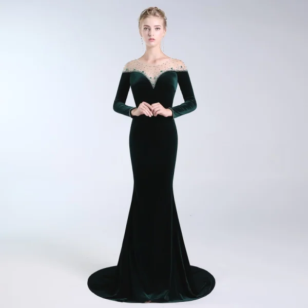 Elegant Dark Green Evening Dresses 2019 A-Line / Princess Scoop Neck Suede Crystal Sequins Long Sleeve Sweep Train Formal Dresses