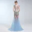 Sexy Bleu Ciel Transparentes Robe De Soirée 2019 Trompette / Sirène Encolure Dégagée Perlage Paillettes Mancherons Longue Robe De Ceremonie