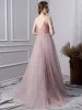 Charming Pearl Pink Evening Dresses  2019 A-Line / Princess Spaghetti Straps Beading Crystal Pearl Sequins Sleeveless Backless Split Front Floor-Length / Long Formal Dresses